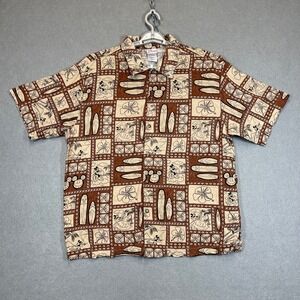 Disney Hawaiian Shirt Mens Large Brown Surfboard Tropical Mickey Aloha Beach